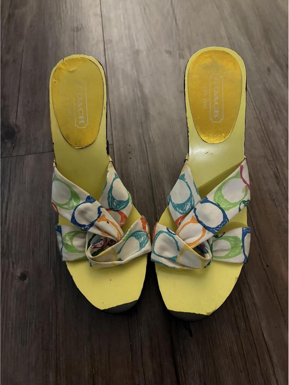 VTG Coach Y2K Wooden Wedge Sandals Sz 4 Hand Painted - Picture 3 of 8